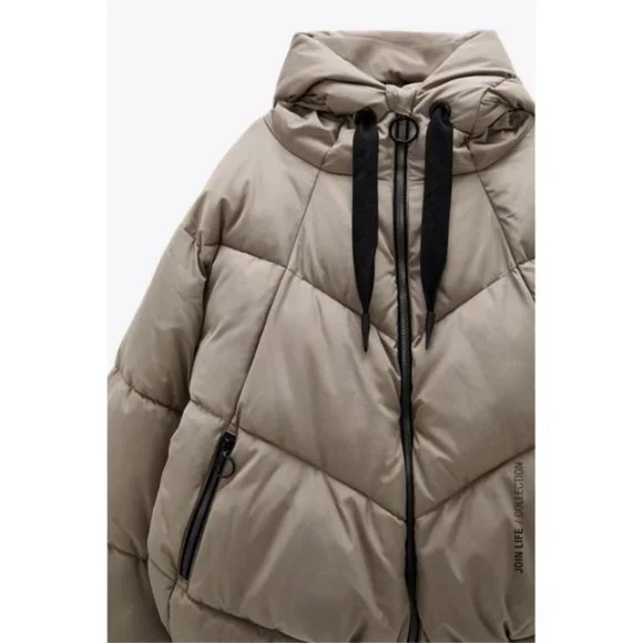 Zara Puffer Short Cropped Nude Taupe Puffer Hooded Winter Jacket Coat - Picture 6 of 6